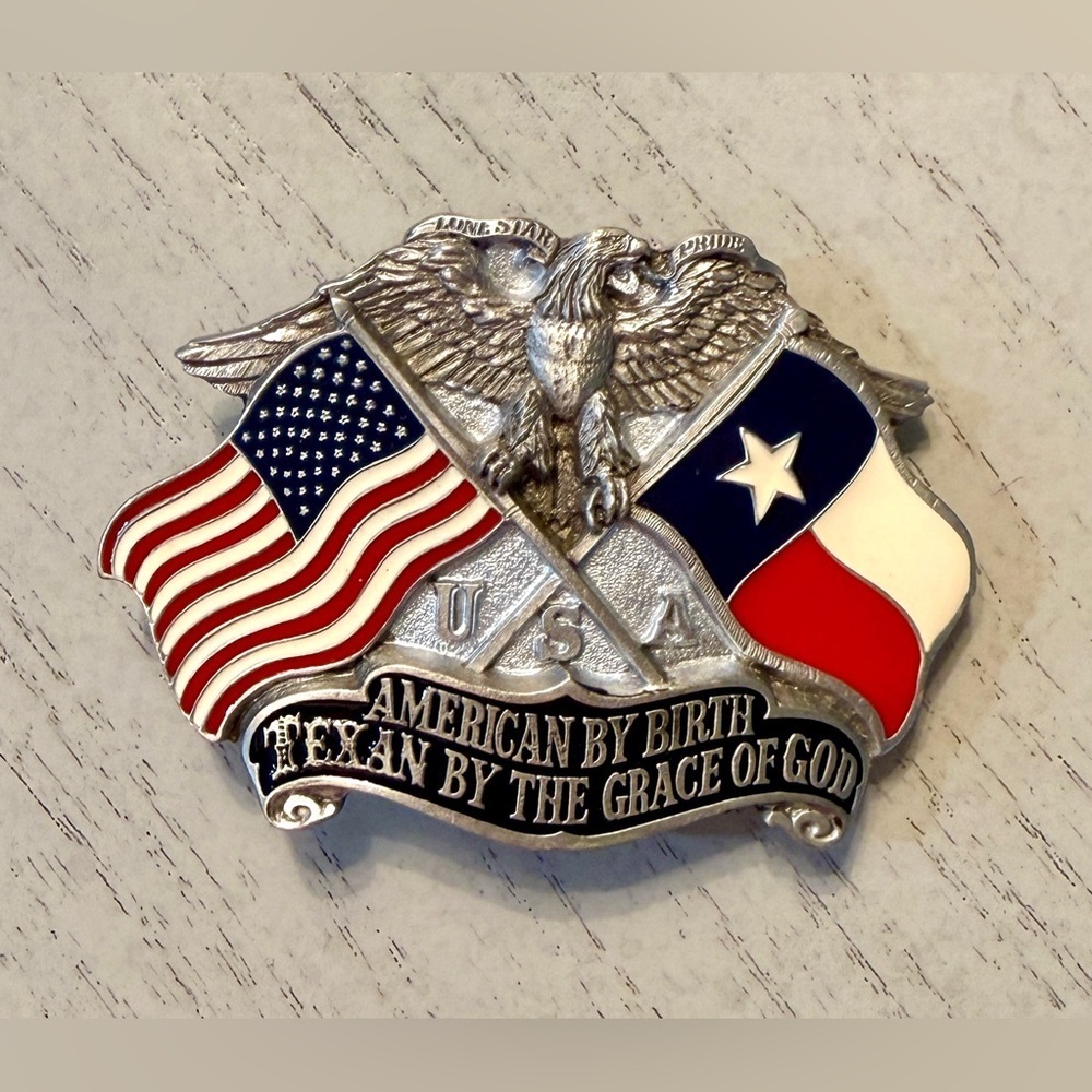 1987 American by Birth Texan by the Grace of God Eagle & Flags  Belt Buckle